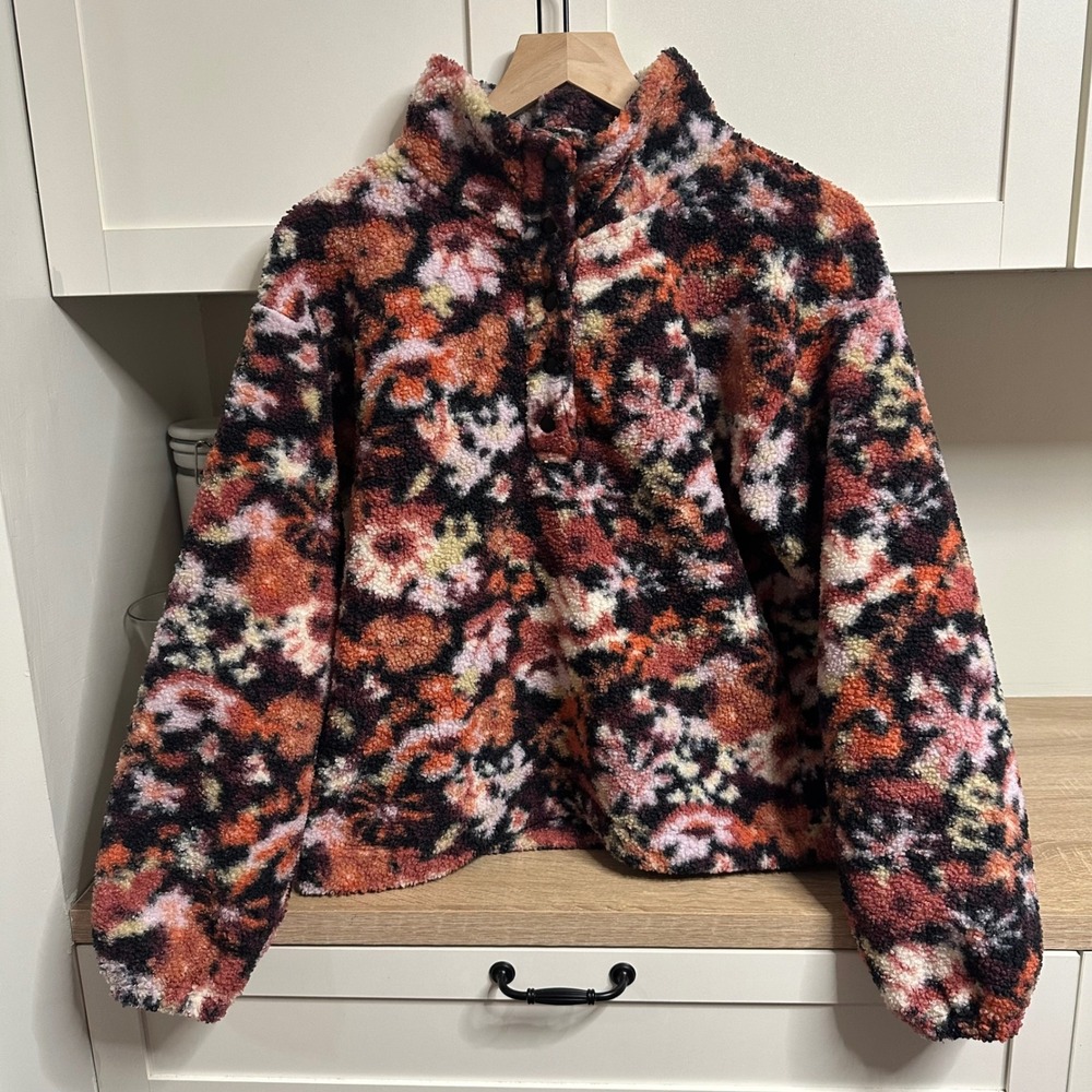 Loft Sherpa Fleece Pullover Women XS Floral Snap Mock Neck Sweater Oversize Cozy